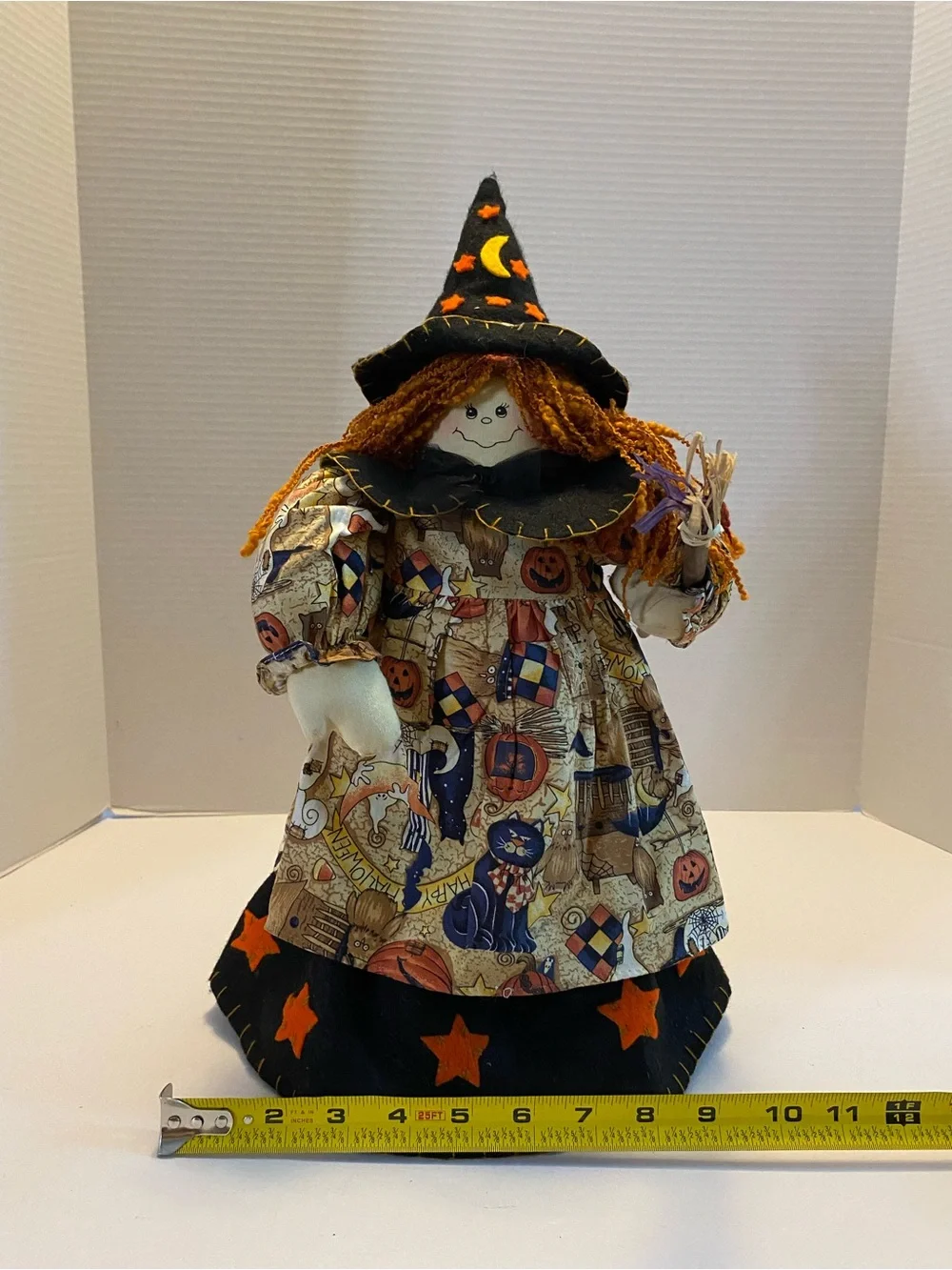 Vintage Witch With Broom Fabric Orange And Black Weighted Bottom Prima Creations